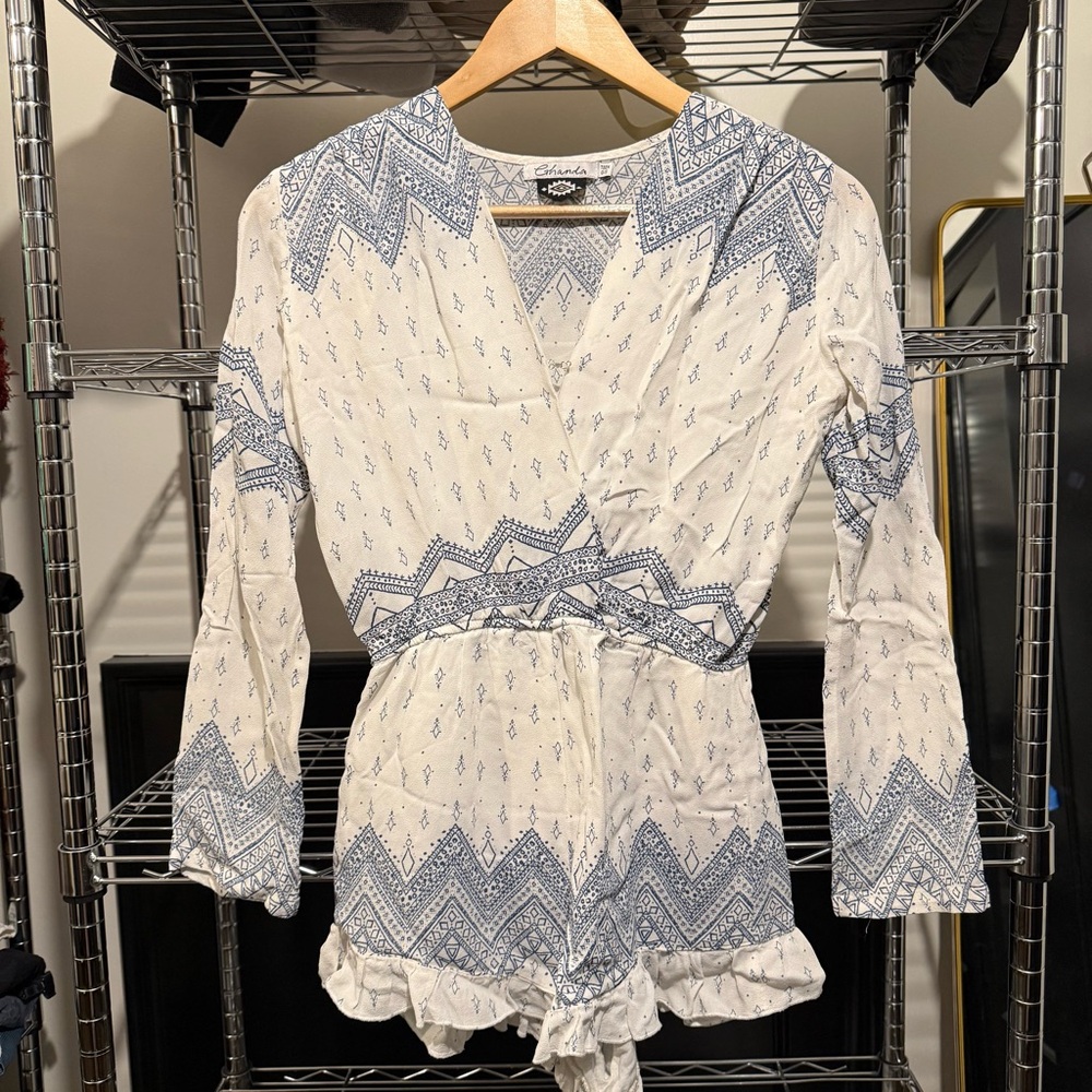Blue & White Printed Paisley Romper